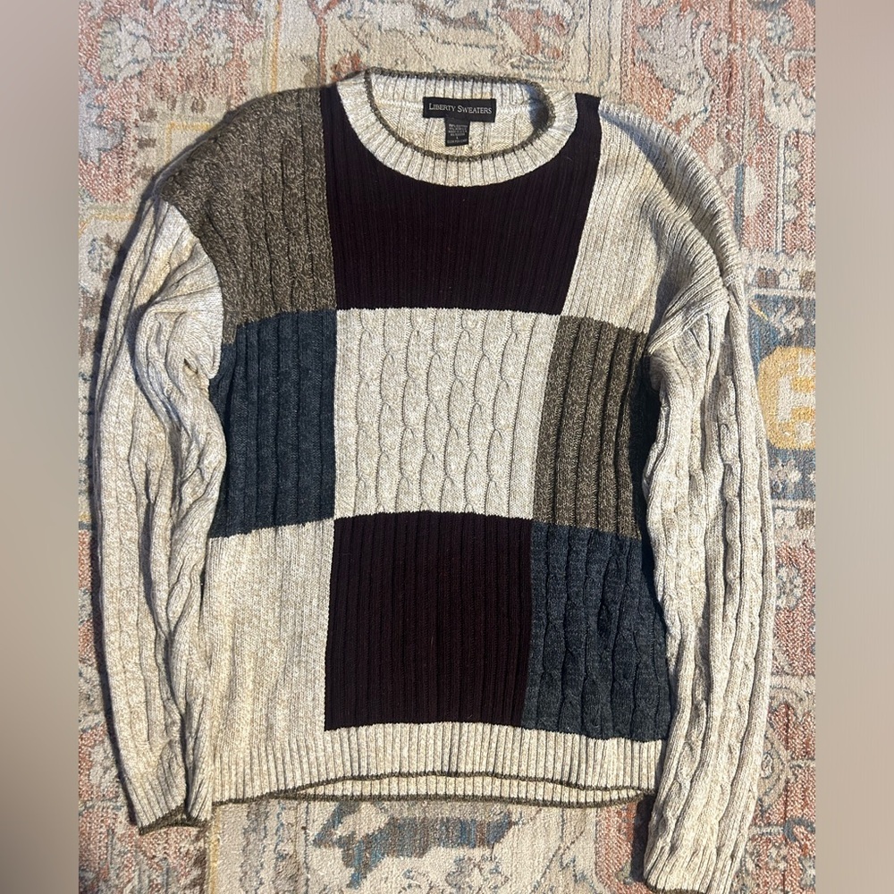 LIBERTY SWEATERS Men's Grandpa Cable Large Knit Square Patch Sweater Sz L